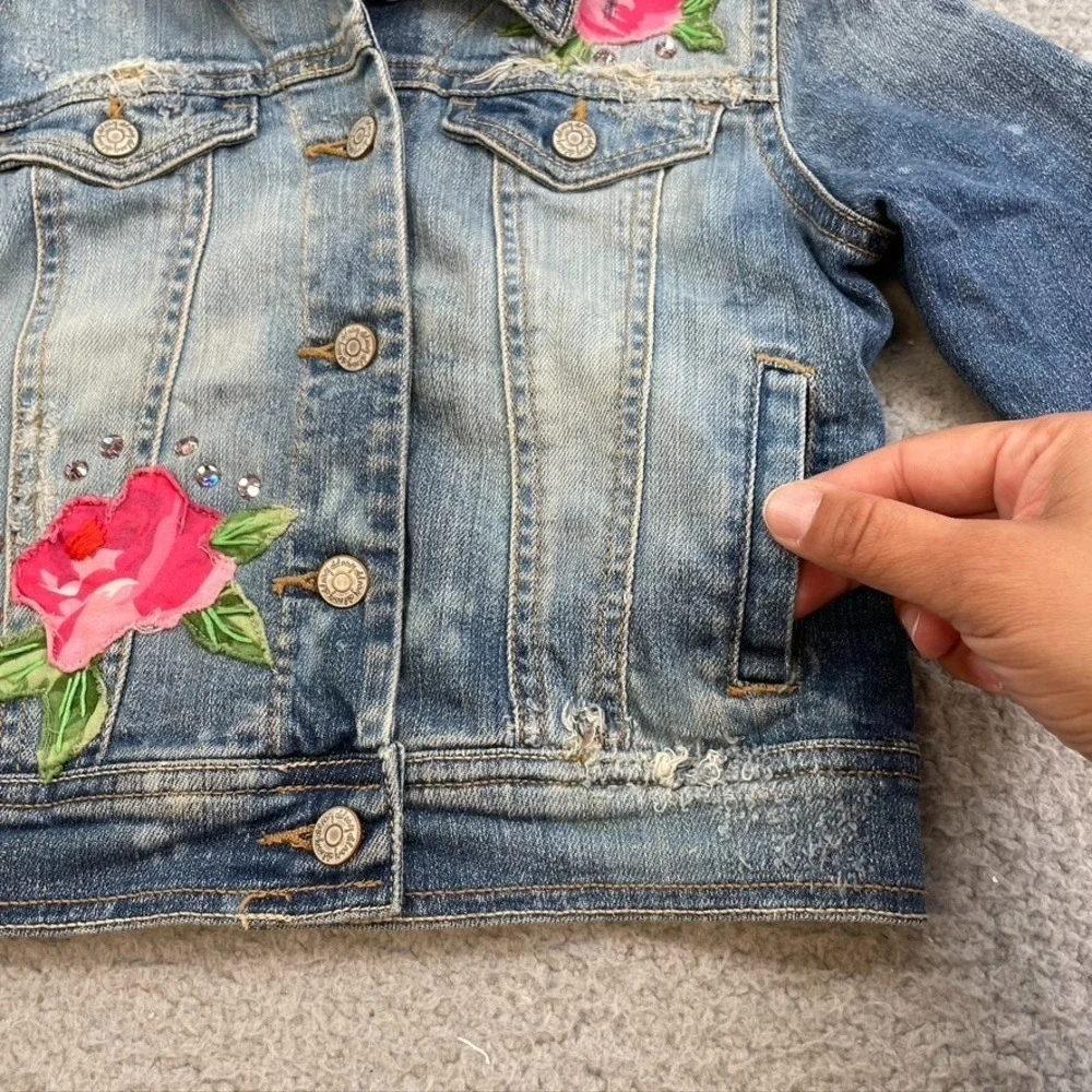 Lindsey Berns Jeans Jacket Girls 4T Blue Denim Pink Floral Rhinestone Coquette